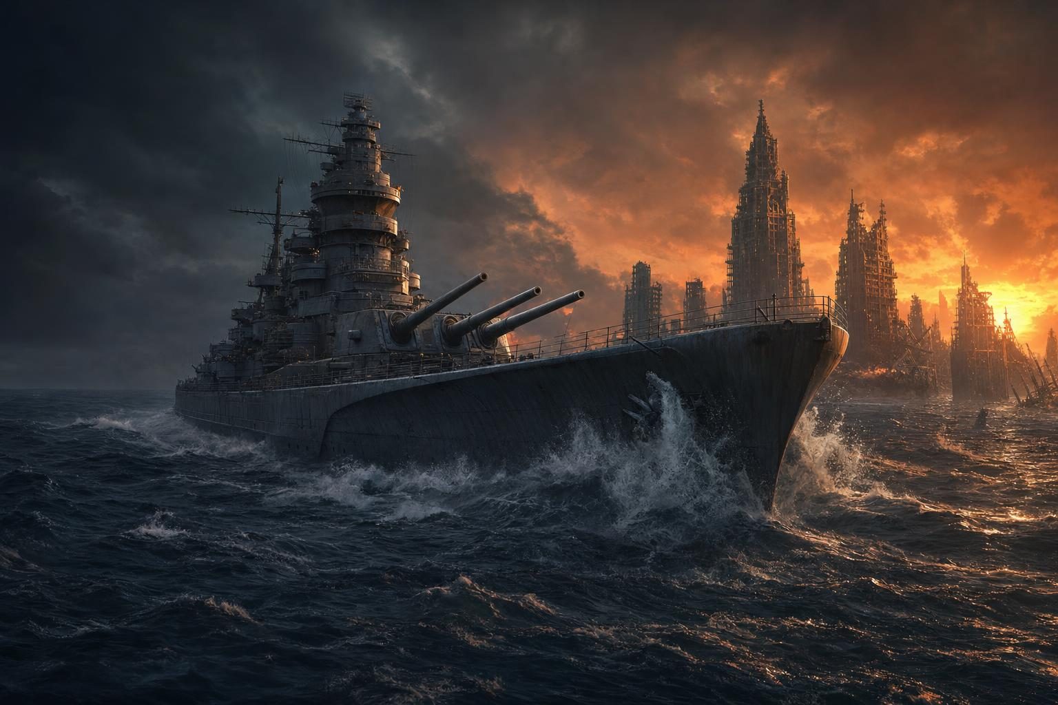 A battleship at sea off a flooded city skyline